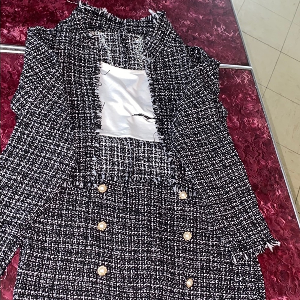 Jacket and skirt set with white cropped shirt